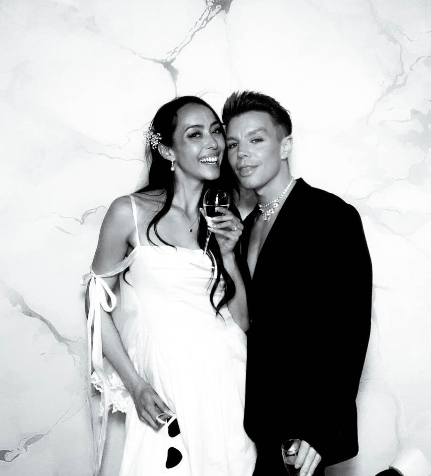 Black and white Glam photo booth portrait of two event guests